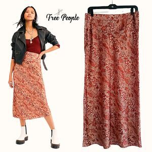 Free People Snake Print Satin Maxi Skirt 12 Rust Boho Chic NWT